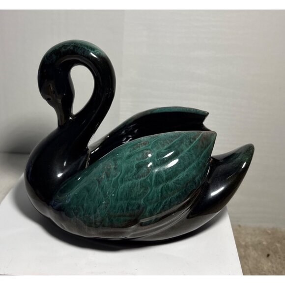 Vtg Blue Mountain Pottery Swan Planter Vase Green Drip Glaze 6 x 8" Canada MCM - Picture 3 of 11